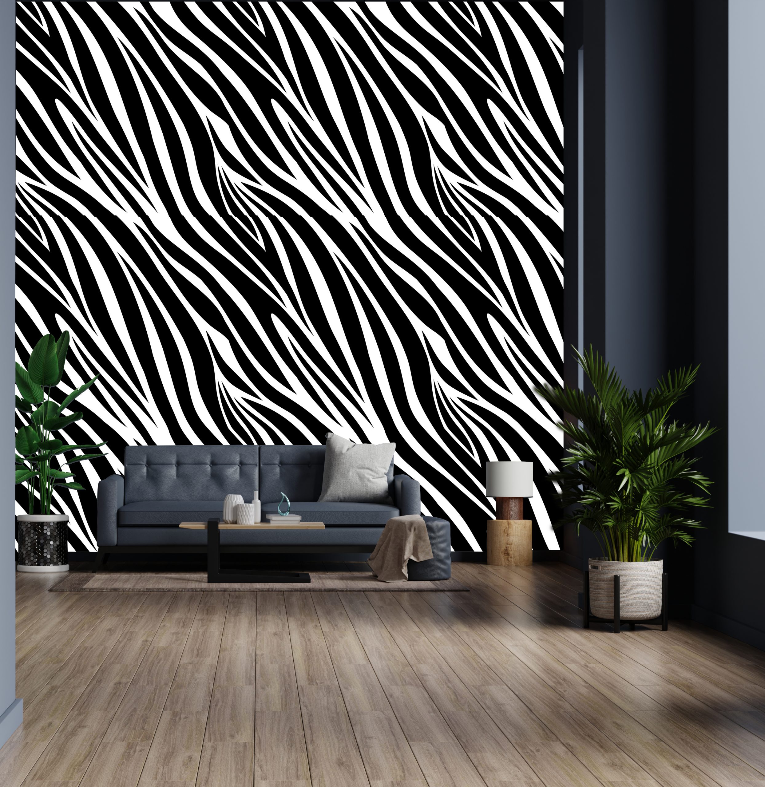 Interior of living room with sofa on empty dark blue wall backgr